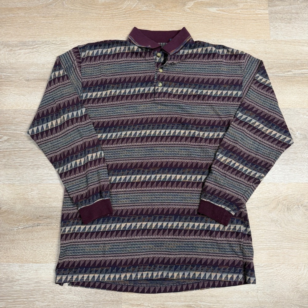 Van Heusen Mens Large Vintage Geometric Tribal Knit Long Sleeve Polo Shirt